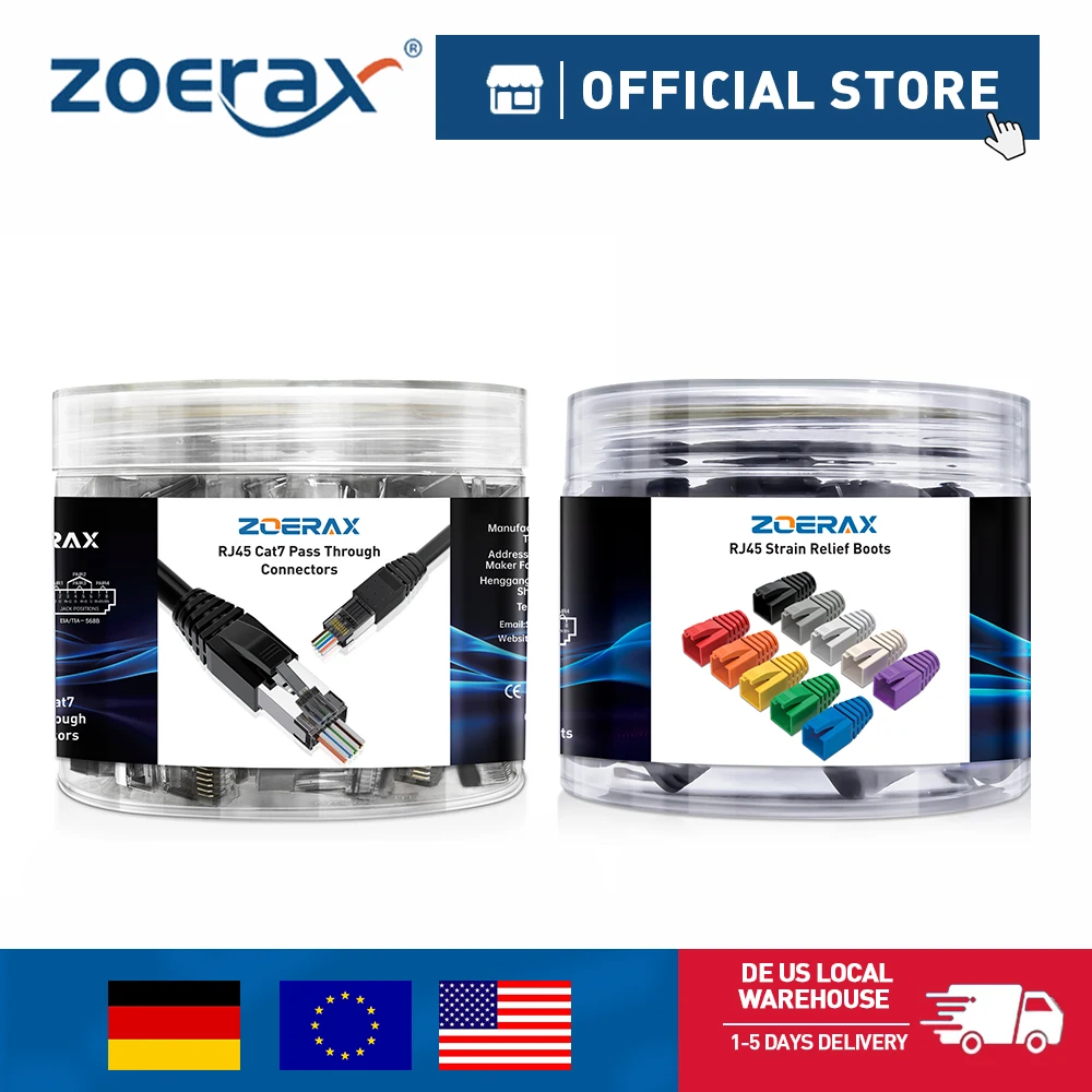

ZoeRax 50PCS RJ45 CAT7 CAT6A Pass Through Connector Shielded Network Modular Plug, 3-Prong with Strain Relief Boots