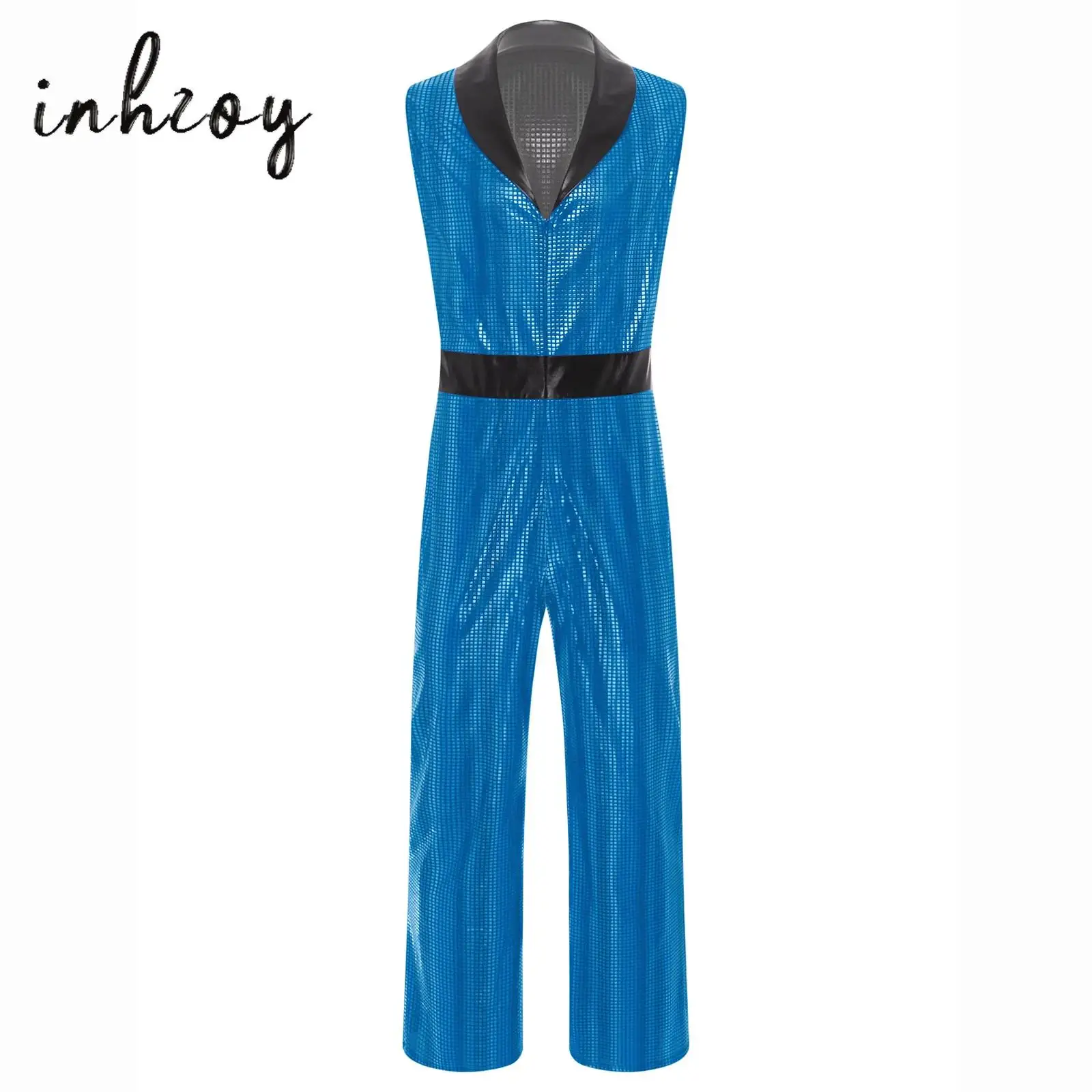 

Men's Retro 80s 90s Disco Jumpsuit Lapel V Neck Sleeveless Wide Leg Bodysuit Metallic Shiny Plaid Romper for Rave Party Clubwear