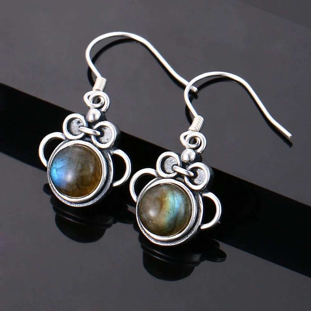 Natural Labradorite Drop Earrings Vintage 925 Silver Dangle Earrings for Women Cute Bear Shaped Jewelry Earrings Party Gift