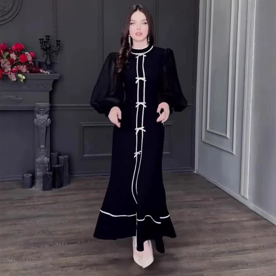 

Vintage Long Dress Women Bows Patchwork Lantern Sleeves Mock Neck Elegant Dress Fashion Lady Formal Dress Spring Autumn BRobes