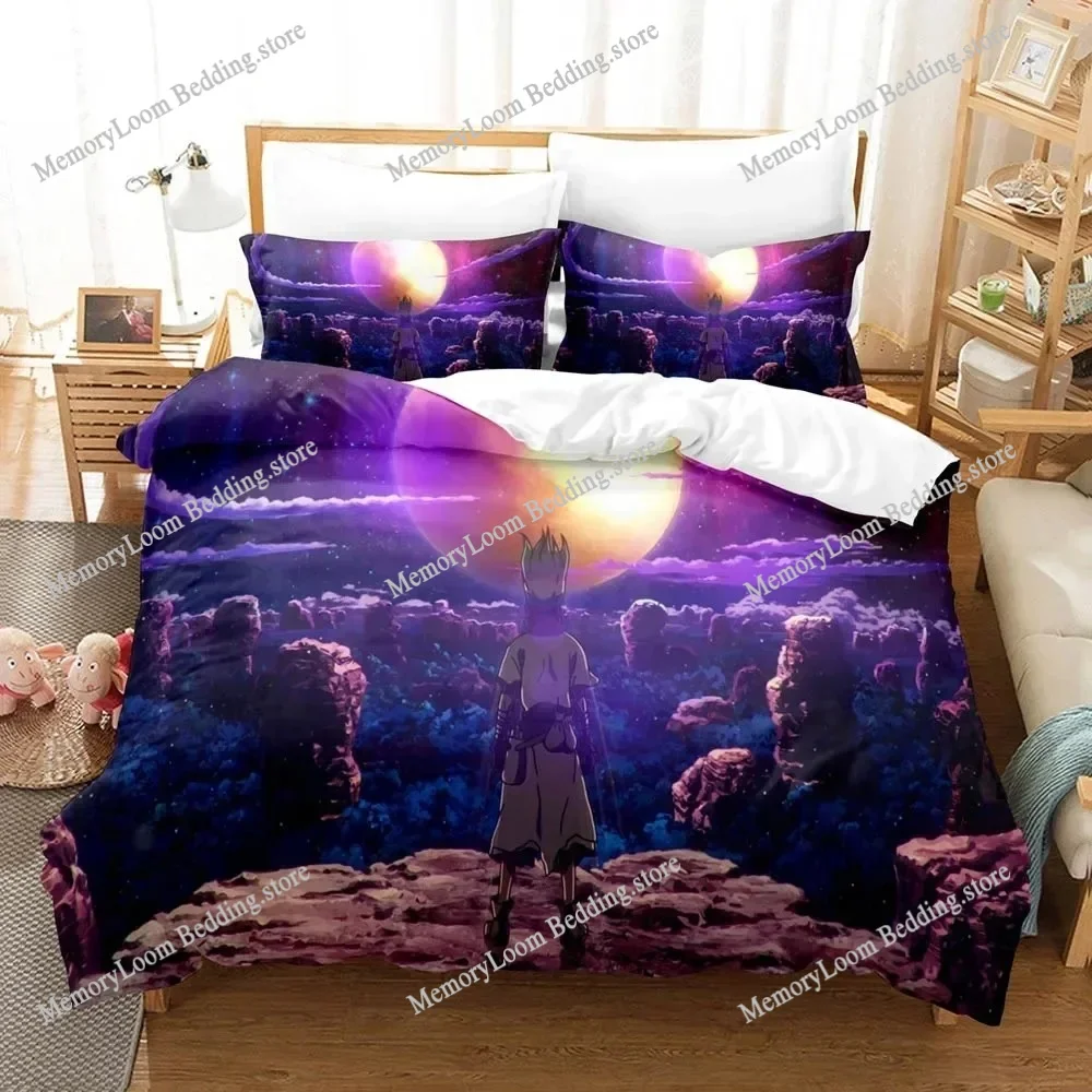 3D Printing Dr.Stone Senku Anime Bedding Set Duvet Cover Bed Set Quilt Cover Pillowcase Comforter king Queen Size Boys Bedding