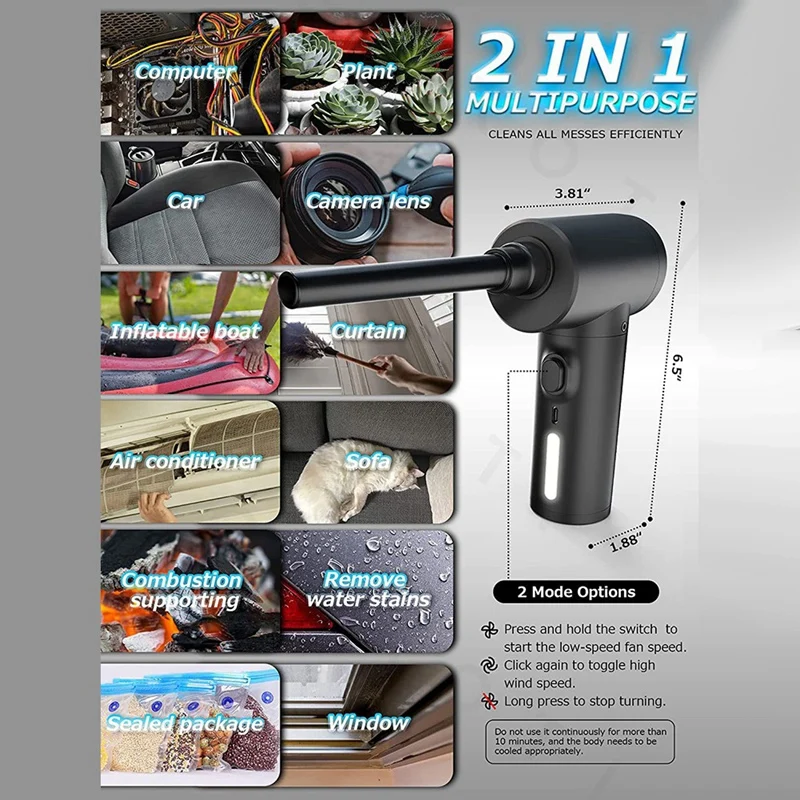 Electric Duster & Vacuum Cordless Rechargeable Compressed 50000 RPM Handheld Blower For Car