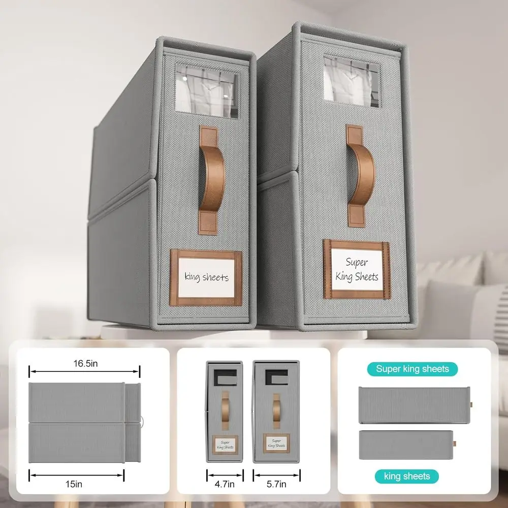 Szary składany organizer na pościel typu Cal King z uchwytem do przechowywania pościeli i poszewek na kołdrę