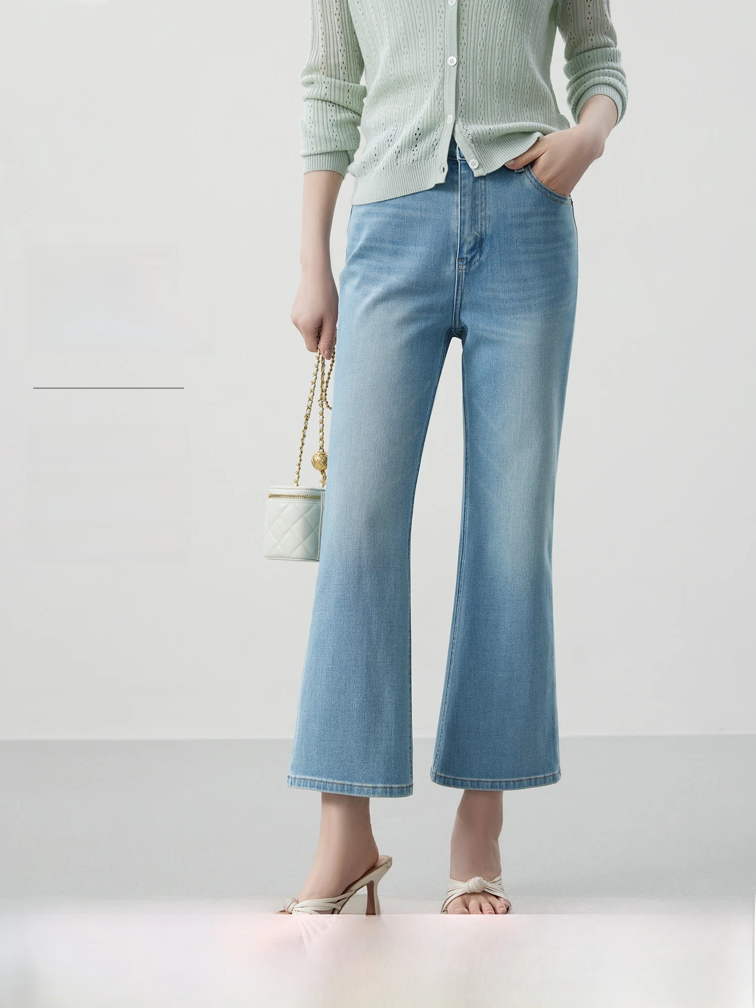 

Modern Retro White Washed Flared Jeans Women's Spring New Nine Points Four Directional Elastic Cotton Denim Pants