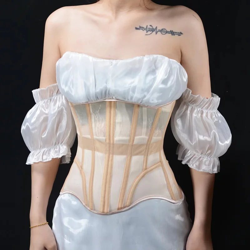 XXS Hourglass Tight Extreme Beige Mesh Underbust Corset Waist Trainer With Steel Boned Lace Up Slimming Tummy Control For Women
