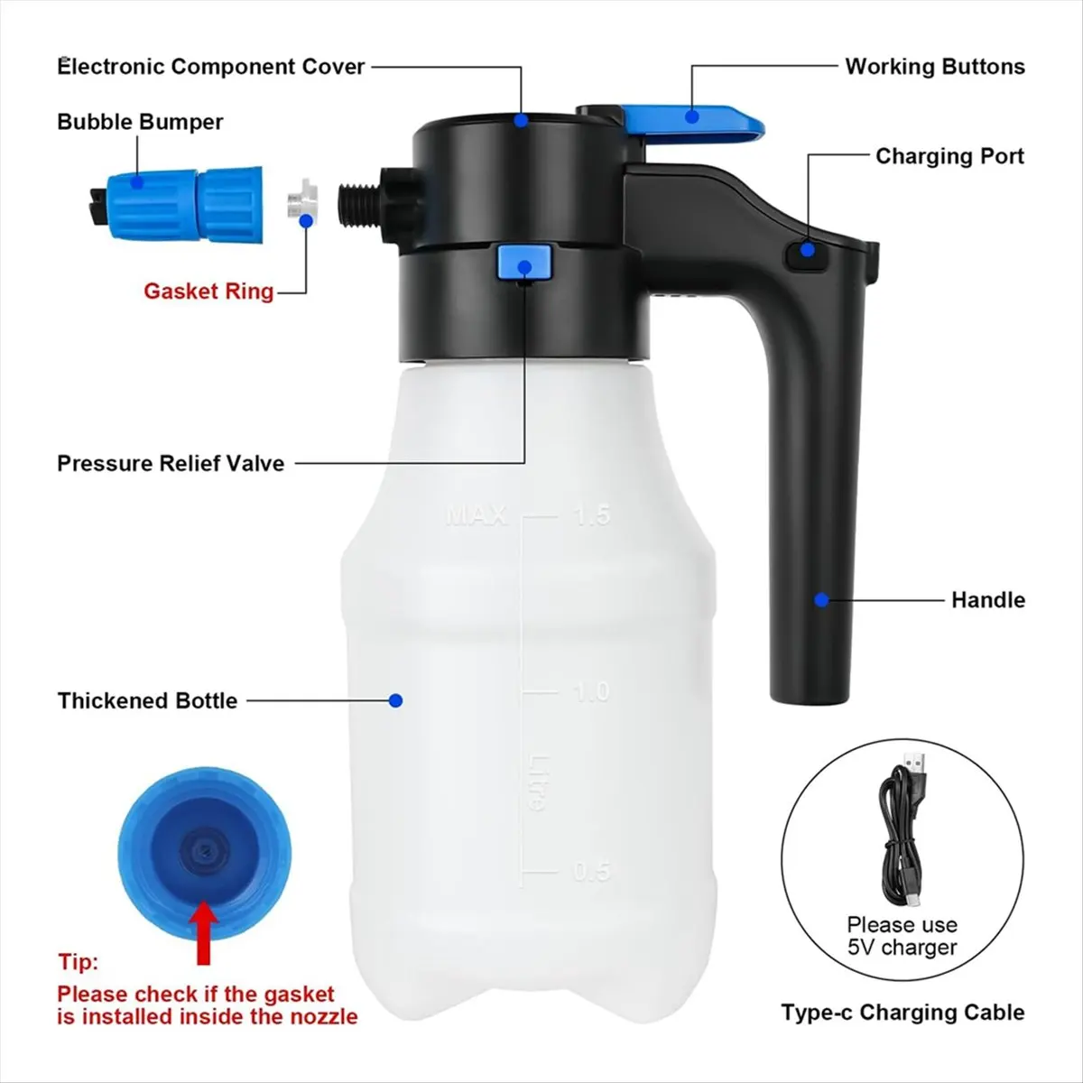 

A78I 1.5 Liters Electric Pressurized Foam Sprayer for Car Washing, Electric Foam Sprayer with USB Cable, for Home Garden