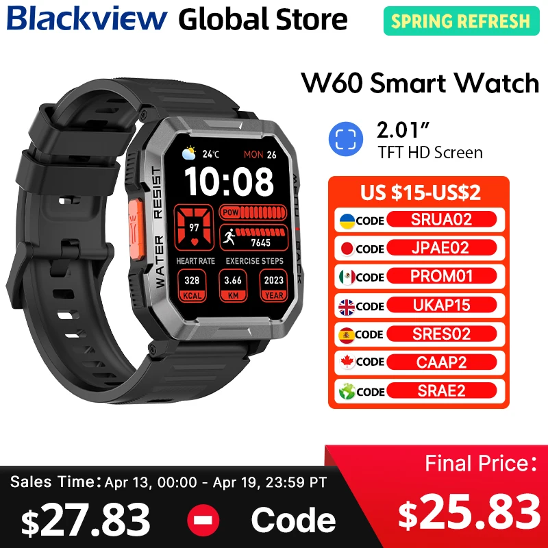 

New Blackview W60 Smartwatch 2.01'' HD TFT Display 900mAh Bluetooth Calling Emergency Lighting Rugged Smart Watch for Outdoor