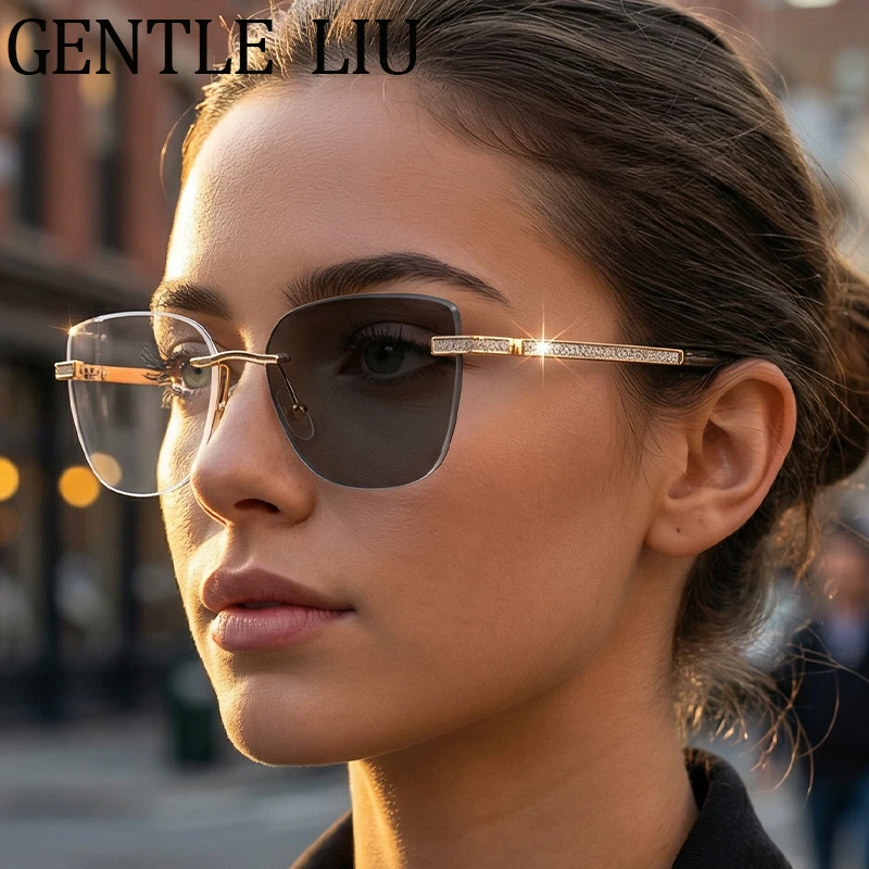 

Cat Eye Rimless Anti Blue Light Glasses Women 2025 Luxury Brand Prescription Change Color Sunglasses Computer Reading Eyeglasses