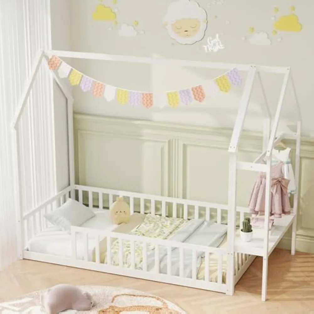 سرير Giantex Twin House Floor، سرير مونتيسوري من الخشب الصلب مع رف تخزين قابل للفصل، شماعة ملابس ودرابزين، سرير مزدوج #1