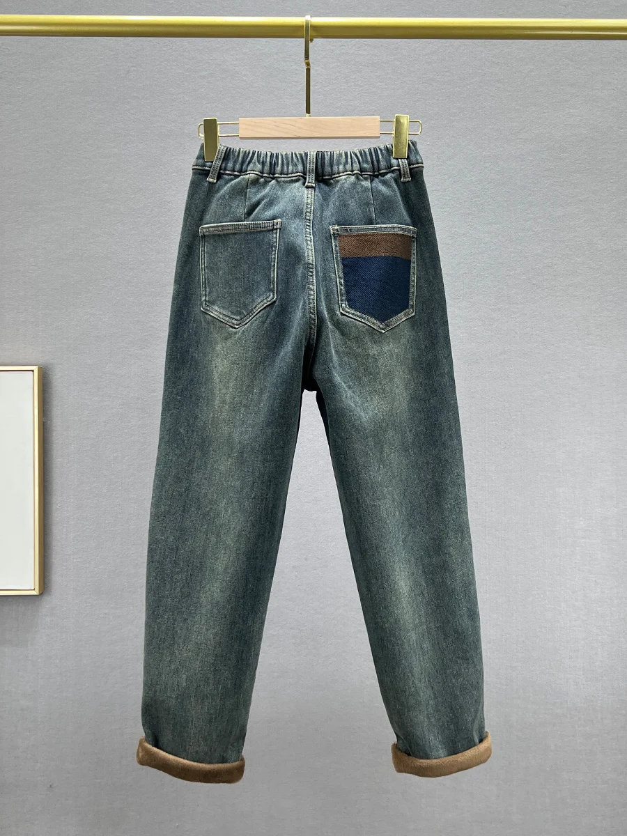 

Thiened Fce High Waist Dad Jeans Women's Trendy 2023 New Winter Cotton Elastic Loose Slimming European Sle Harlan Pants