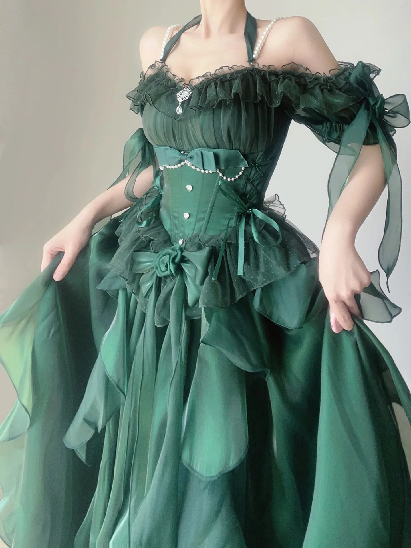 Vestido de novia de flores verdes, vestido de Lolita Op, vestido de princesa hinchada, Cosplay de Lolita Heavy Industry Trail