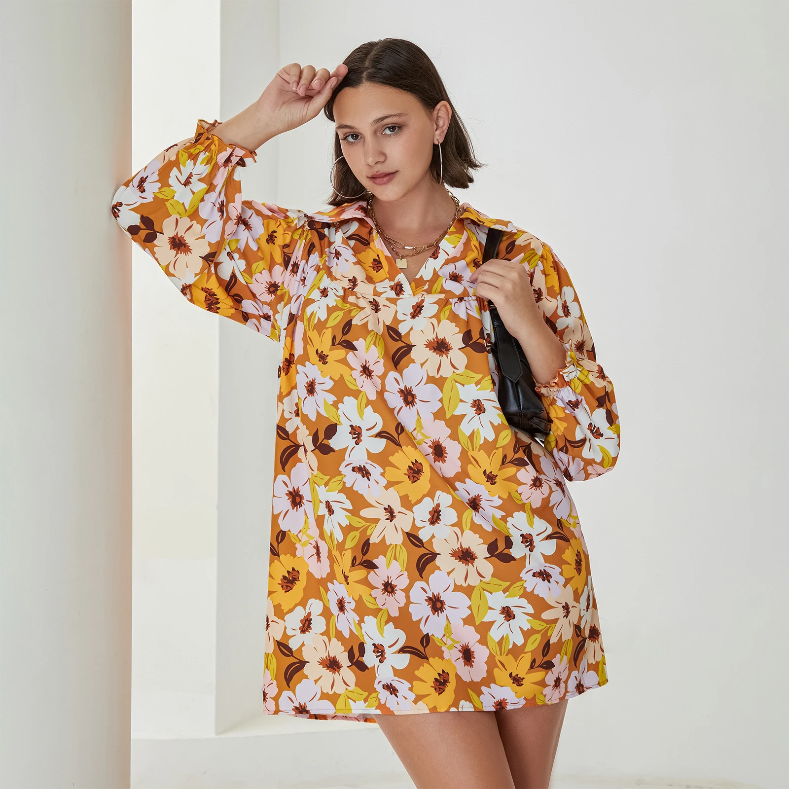 

Women's Spring Summer Shirt Dress Flower Print Long Bubble Sleeve V-Neck Loose Dress for Party Club