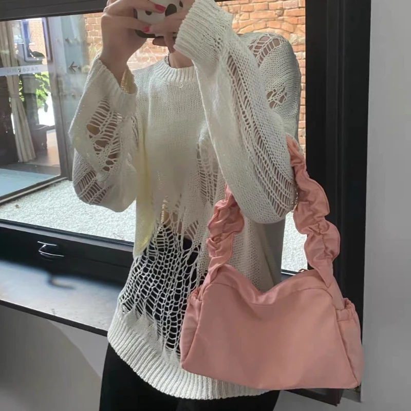Y2K Loose Pullover Sweater Women's Autumn Long Thin Sweater Long Sleeve Hole Hollow Tops