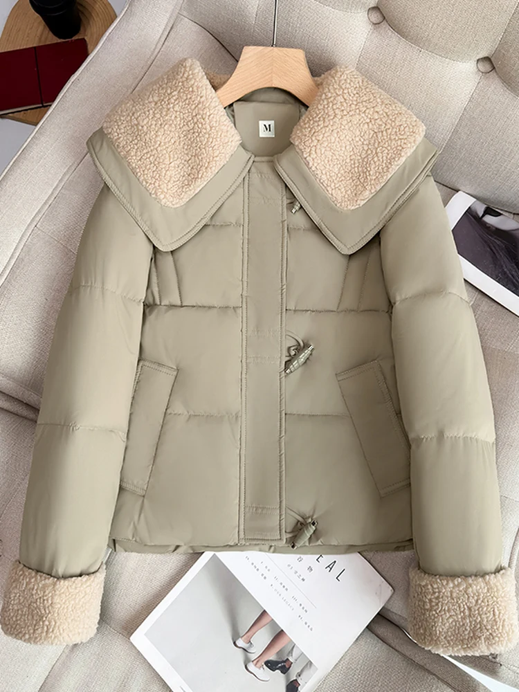 

Lamb Quilted Jacket Women Winter New Korean Style Zipper Short Long Sleeve Coats Pockets Solid Lapel Cotton-padded Clothes