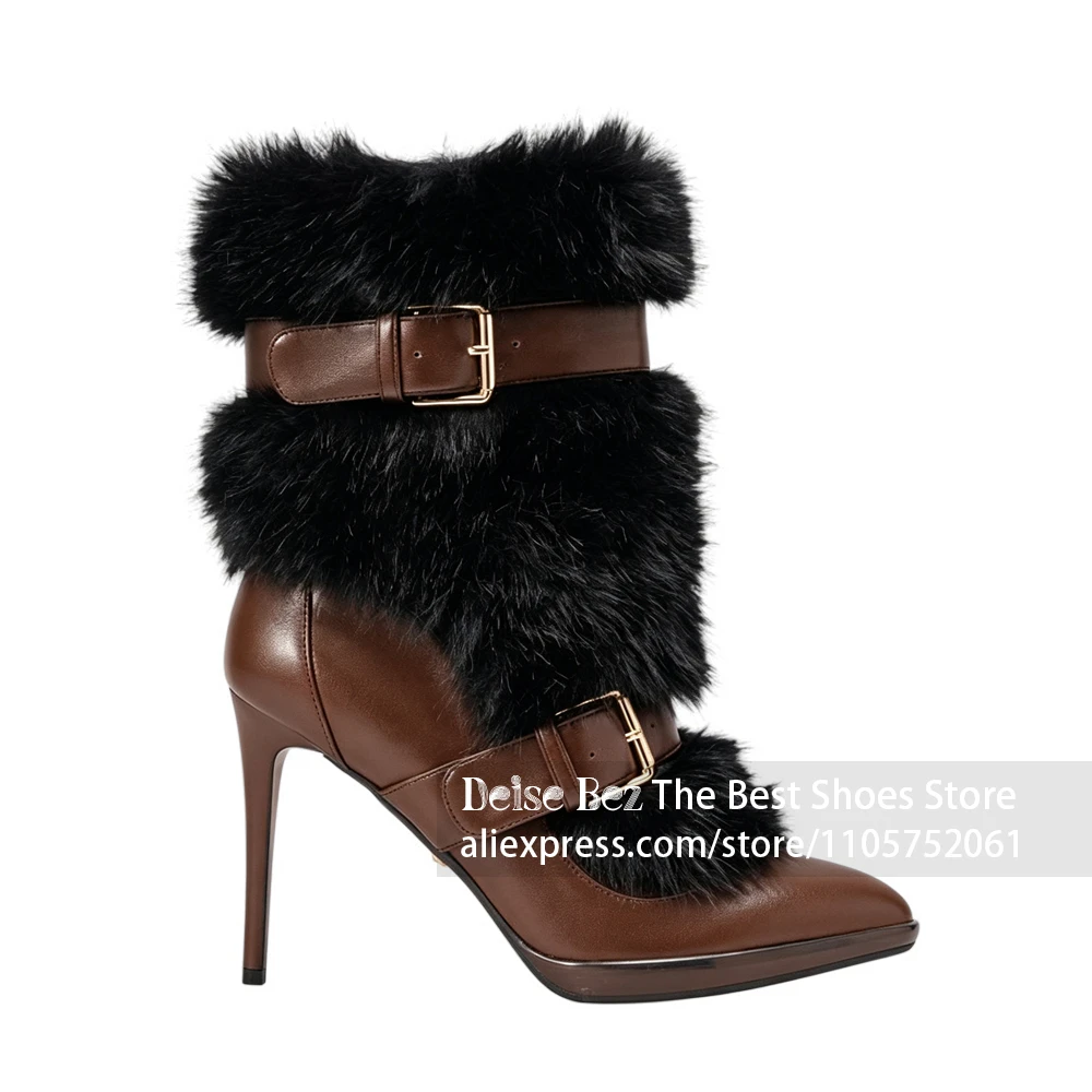 Black Faux Fur Double Buckle Booties Fluffy Fur Pointed Toe Stiletto Ankle Boots Layered Fur Stiletto Heel Winter Warm Booties