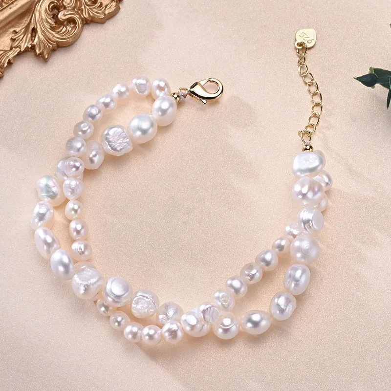 

Natural Freshwater Pearls Double Layer Beaded Baroque Shape Bracelet S925 Sterling Silver Chain Exquisite Jewelry Gift for Women