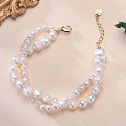 Natural Freshwater Pearls Double Layer Beaded Baroque Shape Bracelet S925 Sterling Silver Chain Exquisite Jewelry Gift for Women
