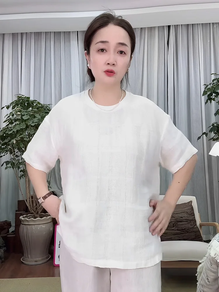 

Maa 2022, летняя женская футболка с ковриком и текстурой, льняная футболка ort Sve, высококачественная сенсорная повседневная футболка с круглым вырезом, свободный крой