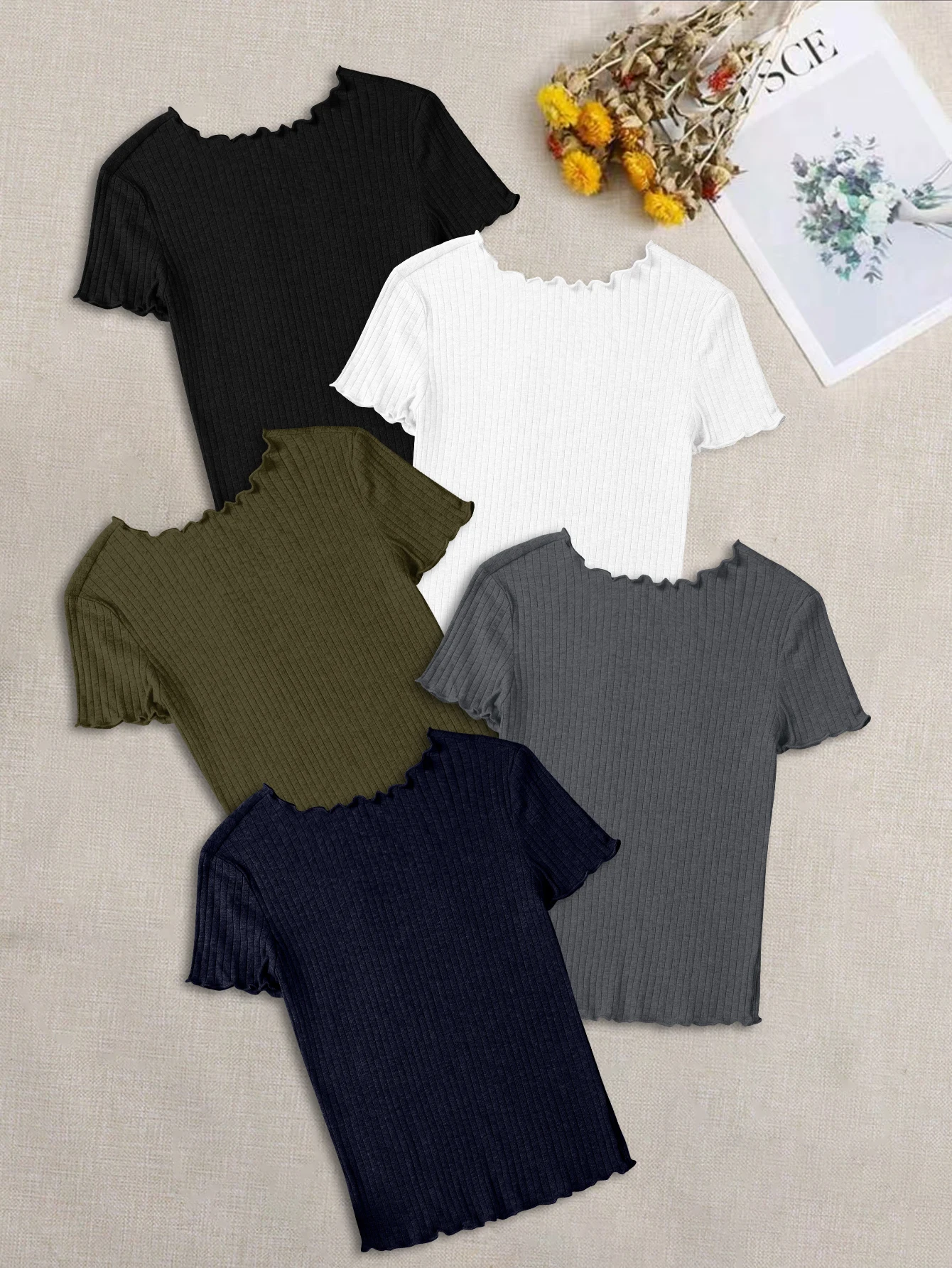 

New casual slim fit lace round neck ribbed women's short-sleeved t-shirt five-piece set