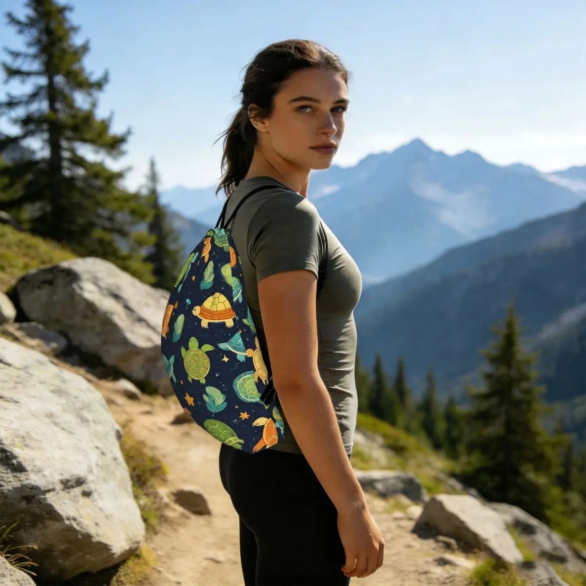 Adorable Cartoon Turtle Colorful Backpacks Portable Drawstring Bundle Pocket Sundries Bag Book Bags for Man Woman Students
