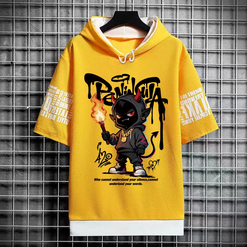 Streetwear Trend Demon Graffiti Graphic Hooded T Shirts Summer Unisex Casual Short Sleeve Tee Tops for Men Women Harajuku