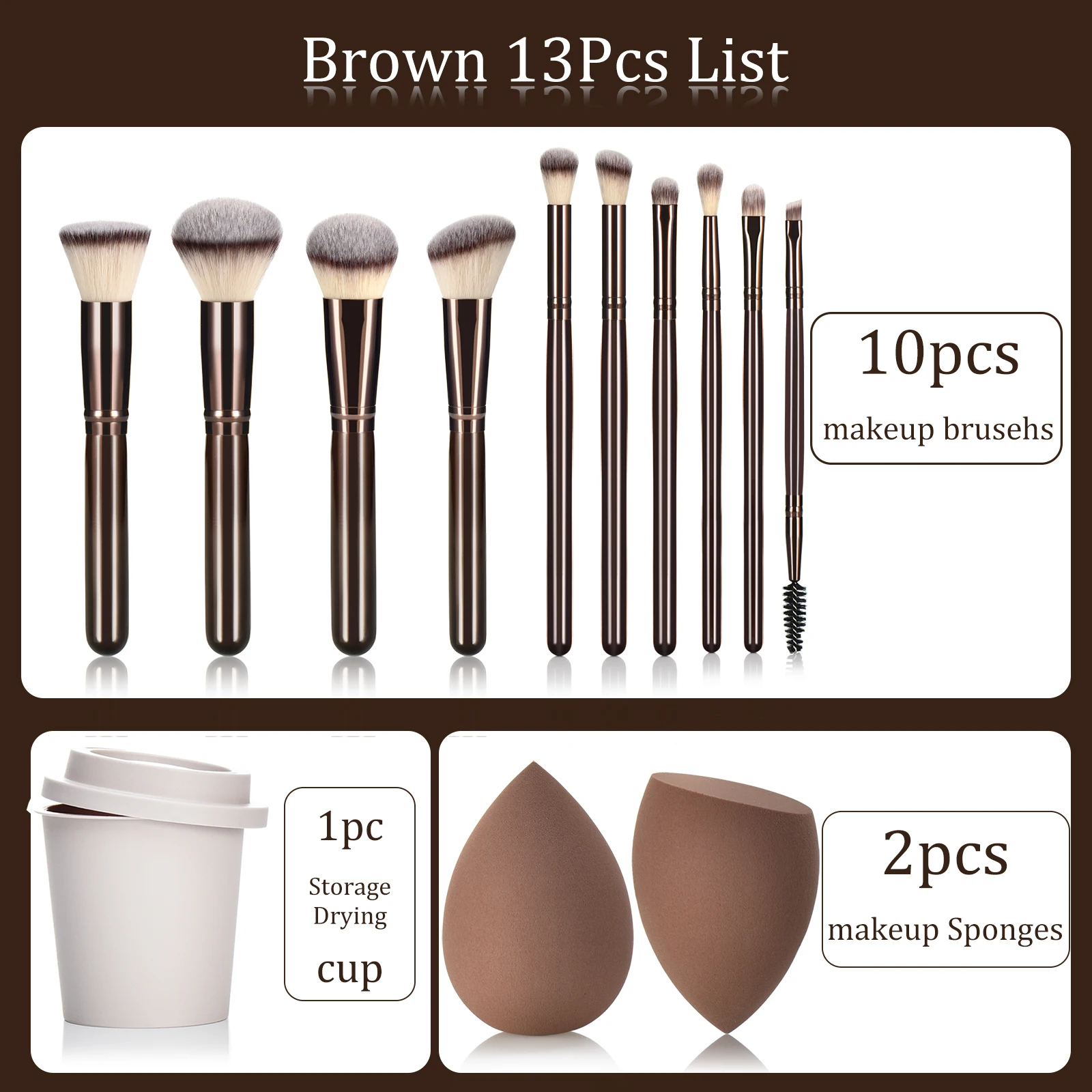 Coffee-Colored Makeup Brush Set with Wooden Handles 10-Piece Ladies Cosmetic Tools including Makeup Sponges