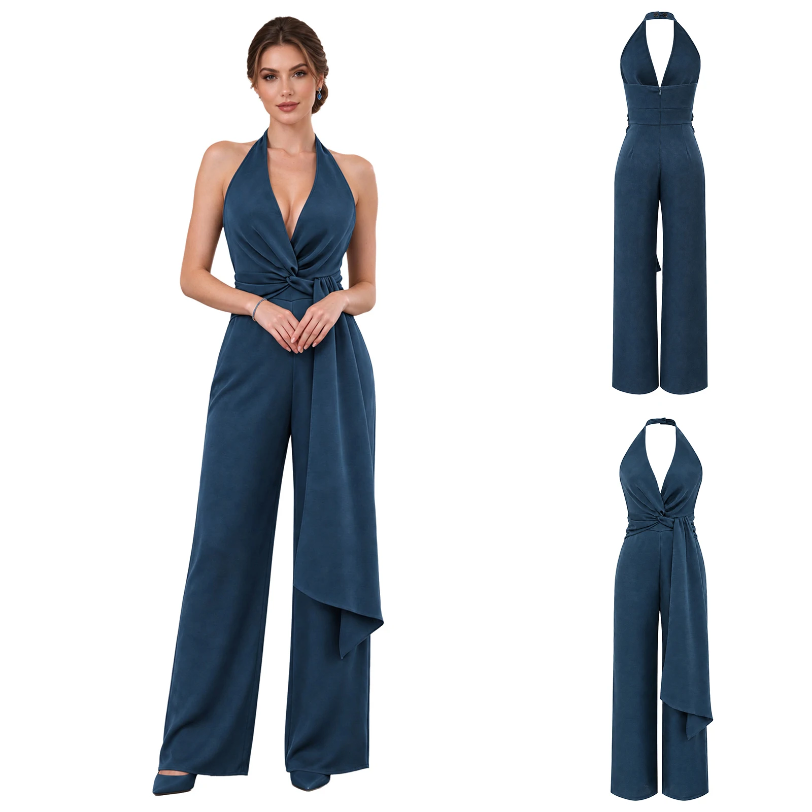 Cocktail Deep V Neck Hollow Jumpsuit Women's Spring Solid High Waist Wide Leg Romper Summer Sleeveless Ruched Vacation Overalls