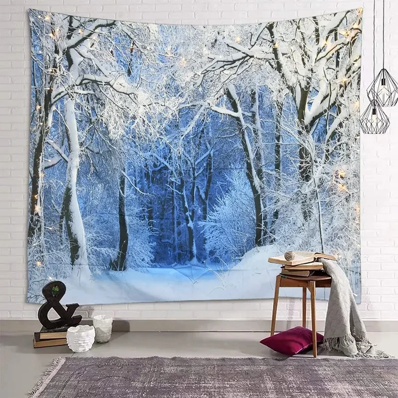 VIKAMA Winter Nature Tapestry Snowy Forest Birch Trees Bright Sun Landscape Wall Hanging Cloth for Bedroom Aesthetic Wall Decor