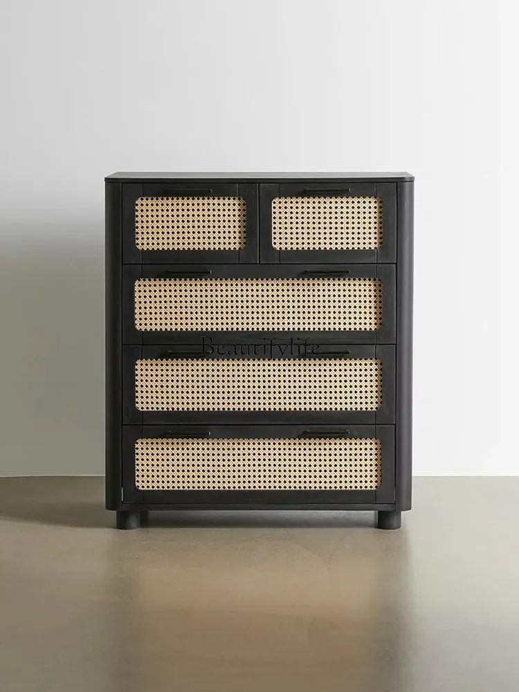 Retro solid wood rattan woven wabi-sabi wind small apartment drawer storage cabinet woven log living room side cabinet