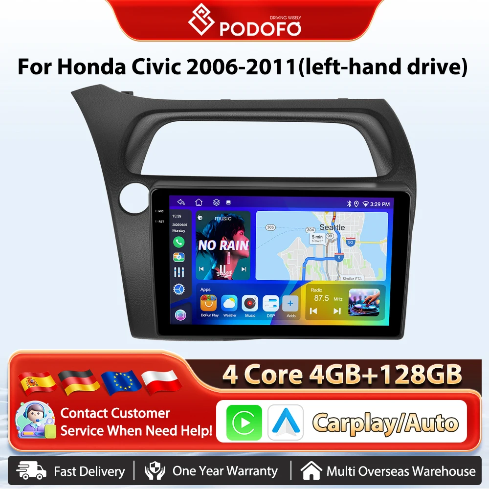 Podofo 9'' Android Drahtlose CarPlay Auto Intelligente System Player Für Honda Civic 2006-2011 (links) GPS WIFI FM/RDS Auto Radio EQ