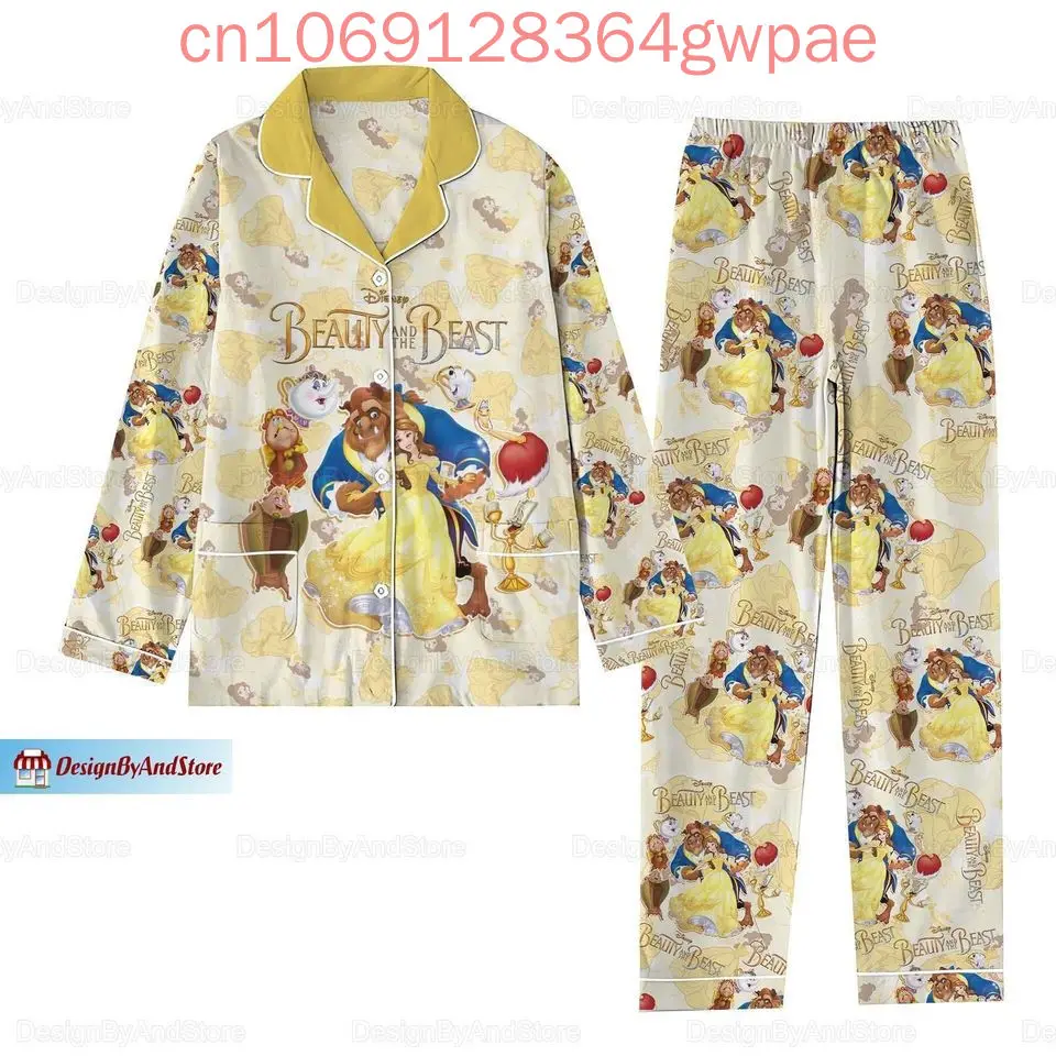 Disney Beauty and the Beast Pajama Set 3d Print Disney Casual Men\'s and Women\'s Long Sleeve Shirt Pajama Set Family Pajama Sets