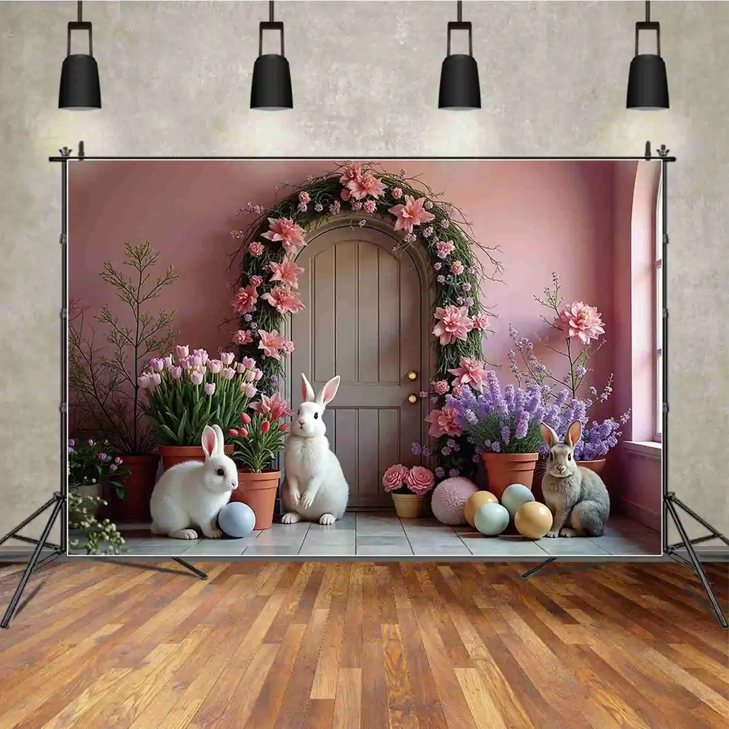 MOON.QG 부활절 장식 배경 사진 계란 집 꽃 토끼 포토콜 배경 아기 사진 스튜디오 포토부스 소품
