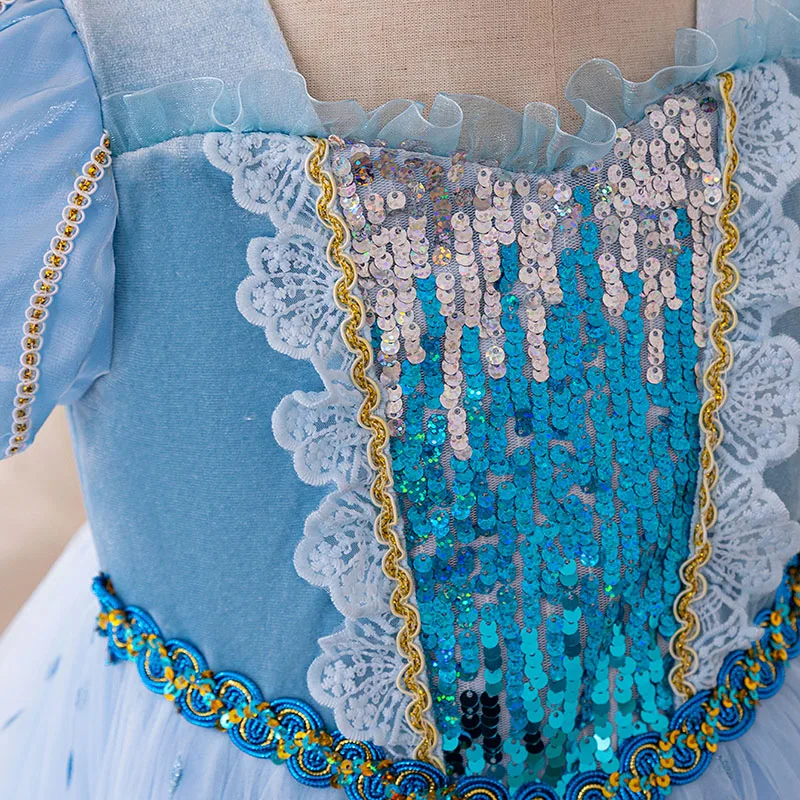 فستان الأميرة 2025 للفتيات أزرق شبكي ندفة الثلج للهالوين زي ترتر للخريف والشتاء بأكمام طويلة فستان الحفلات