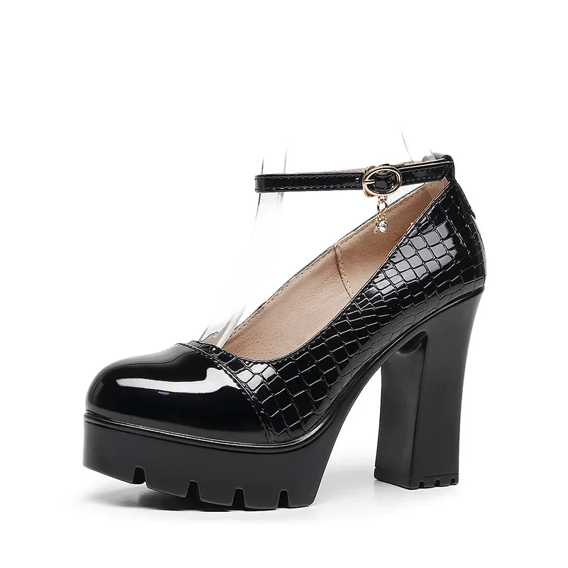 10cm Size 33-42 Fashion Ankle Buckle Patent Leather Shoes Thick chunky Platform Pumps 2026 Block High Heel Shoes Office Model