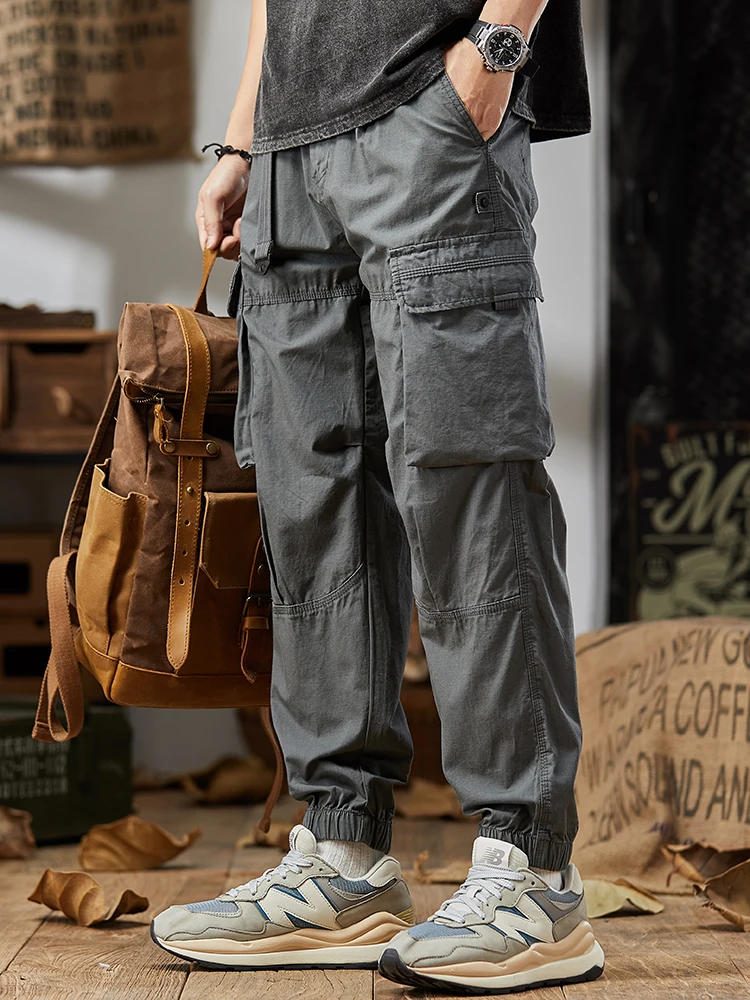 

Мужские летние повседневные брюки в американском ретро-стиле с множеством карманов, свободного кроя, модные, высококачественные, из чистого хлопка, с манжетами