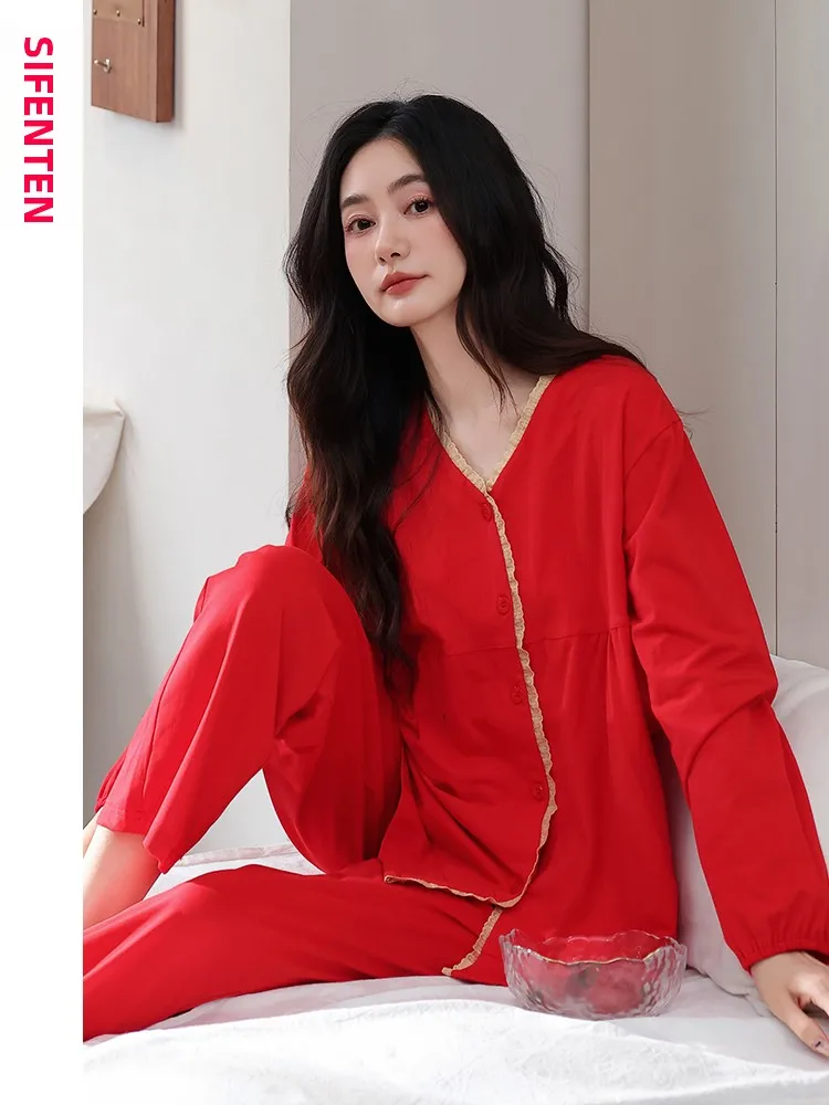 fenteng-レディース-ピュアコットン-長袖パジャマセット-春秋用-レッド-ホームウェアセット-vネック-ルーズフィット-快適