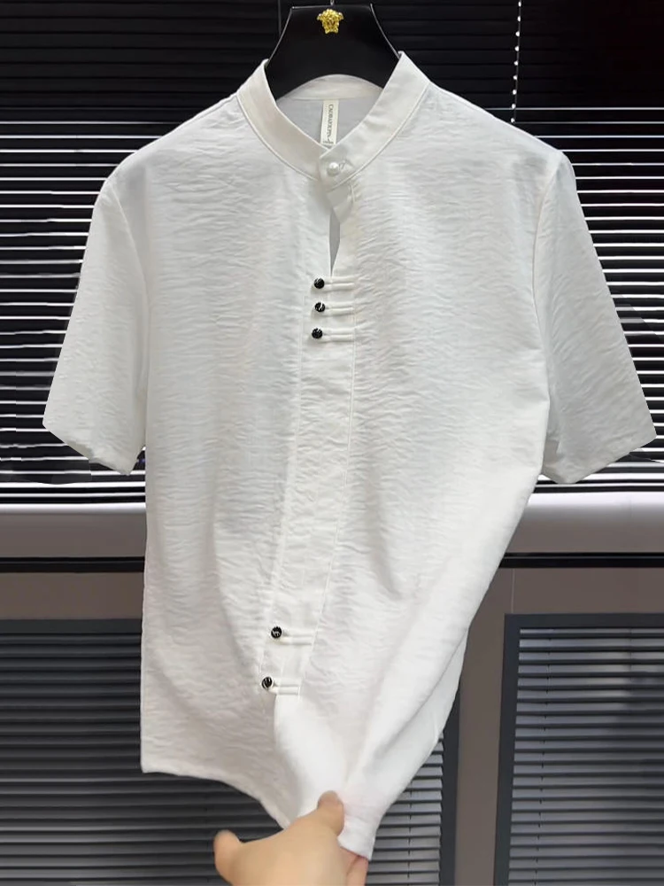 New Chinese Style Men's Shirt Short Sleeve Button up Lightweight Cool Comfortable Stand Collar Casual T-Shirt Breathable Loos...