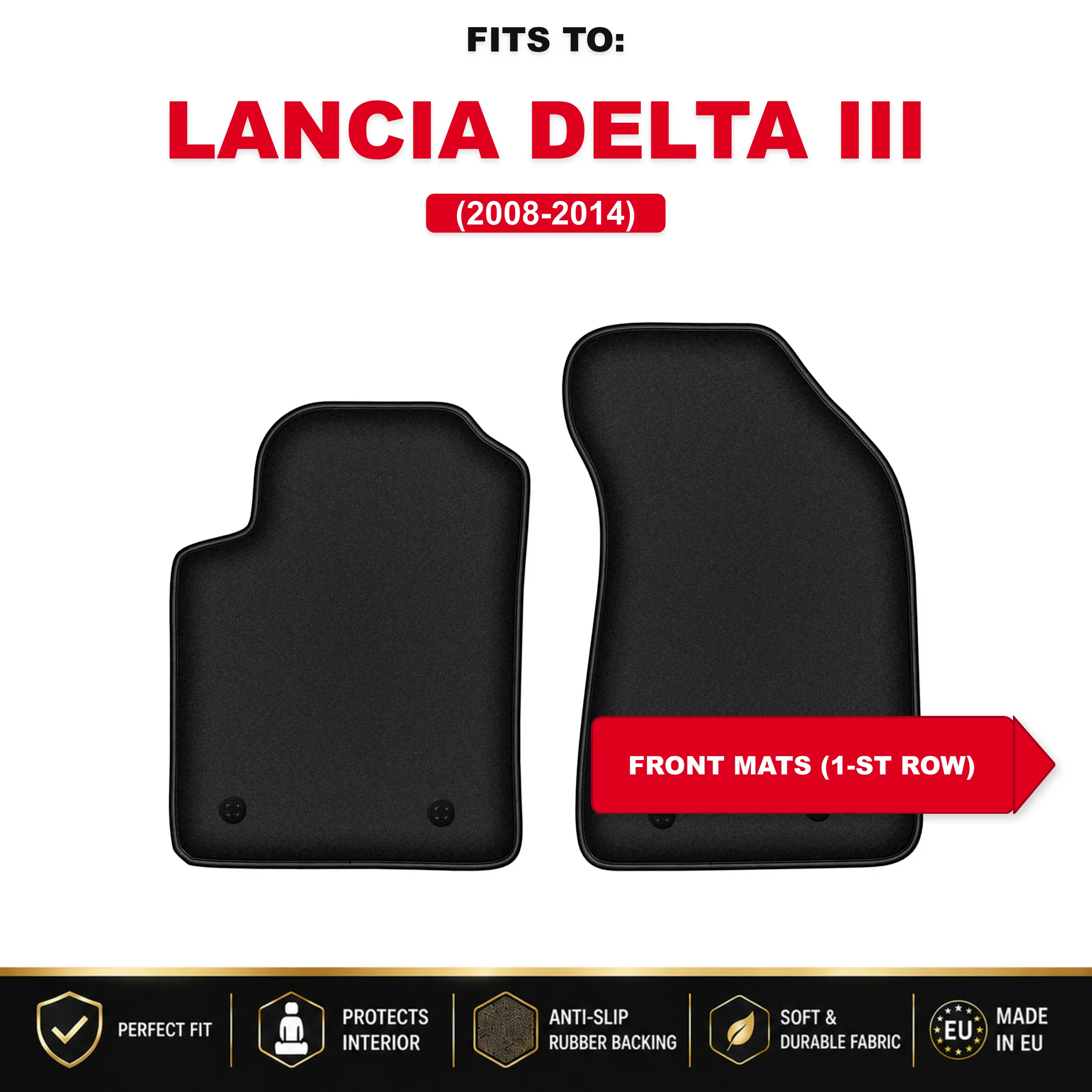Voorste velours vloermatten, zwart, 2 stuks. Voor: Lancia Delta III 2008-2014 set autovloermatten voor de voorkant van het voertuig