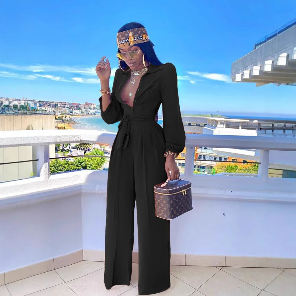 TM8074 レディースの新しいソリッドカラーのハイウエスト ストレート カジュアル シャツ、襟ジャンプスーツとベルト付き