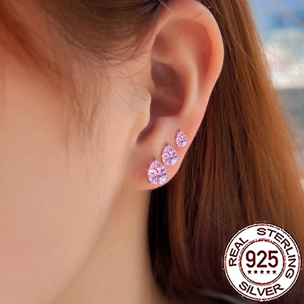 

CWWZircons, стерлинговое серебро 925, блестящие розовые серьги-гвоздики с каплями воды CZ и цирконием для женщин, повседневные вечерние украшения SE140