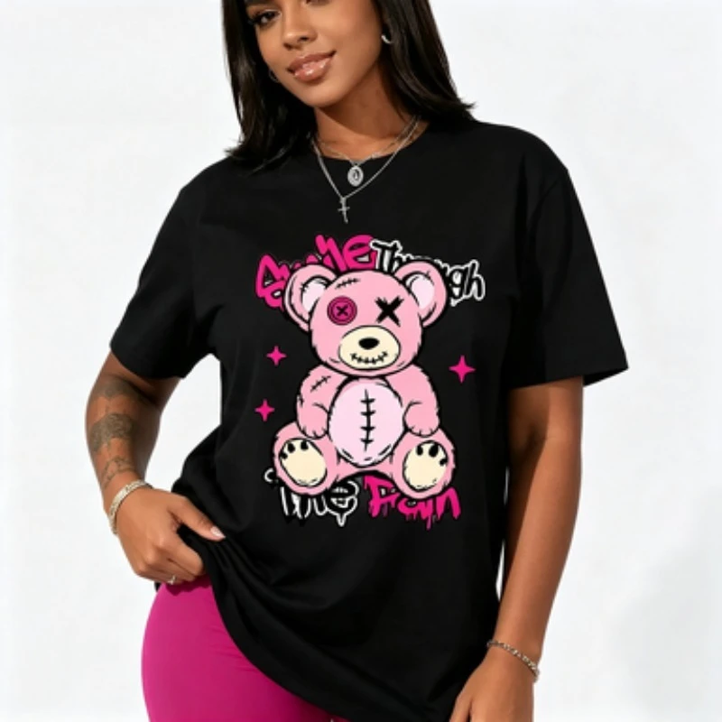 Streetwear Women Cotton Tshirt Pink Stitched Bear Graphic Crewneck Short Sleeve Tee Smile Through The Pain Casual Daily Tops