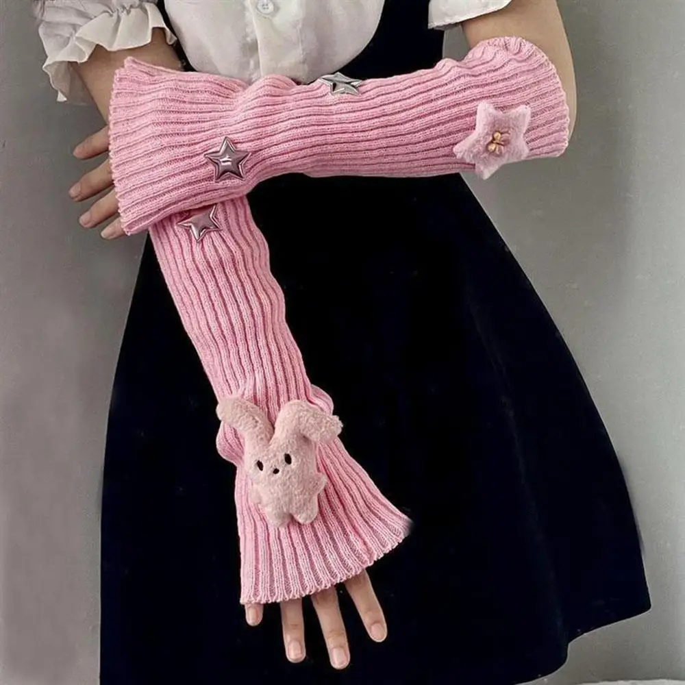 Manicotti in maglia Scaldamuscoli caldi lavorati a maglia Y2k Kawaii Star Sleeve Cover Coprigambe caldo Guanti senza dita per regali per ragazze