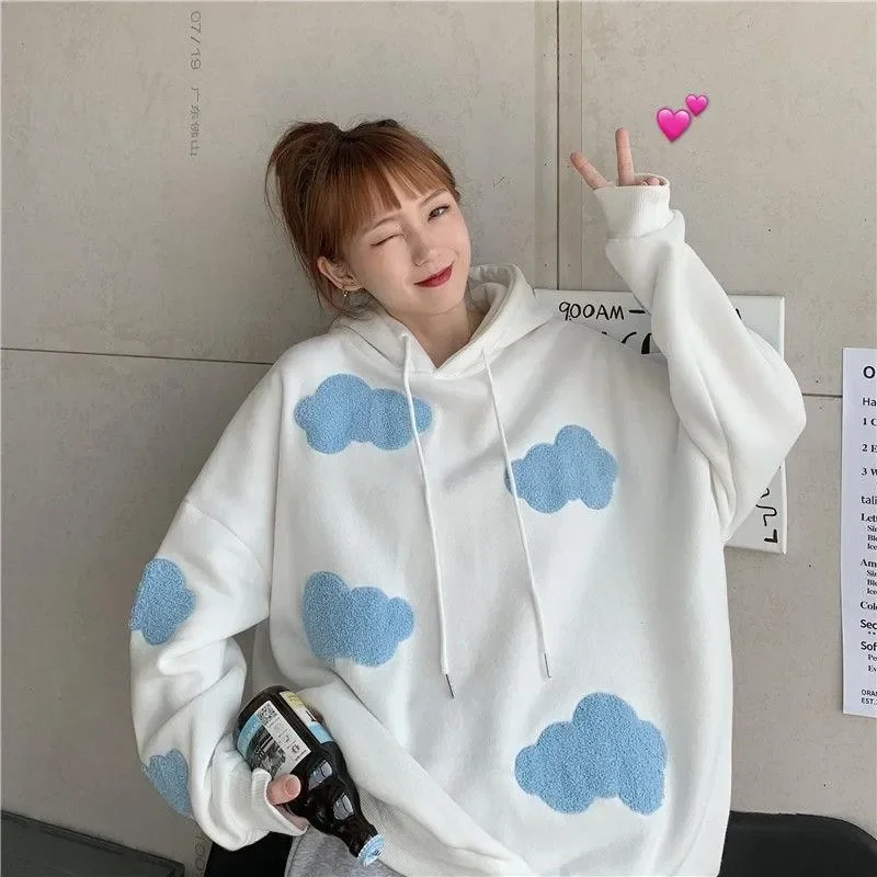 

Autumn Winter Women Long Sleeve Casual Pullover Blue Sky White Clouds Soft Hooded Tops Y2k Lady Sweater Jumper Loose Sweatshirt