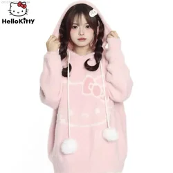 Sanrio Hello Kitty Sweet Patchwork Sleeve Hooded Sweater Women's Jacquard Autumn Loose Casual Pullovers Student Knitted Hoodies