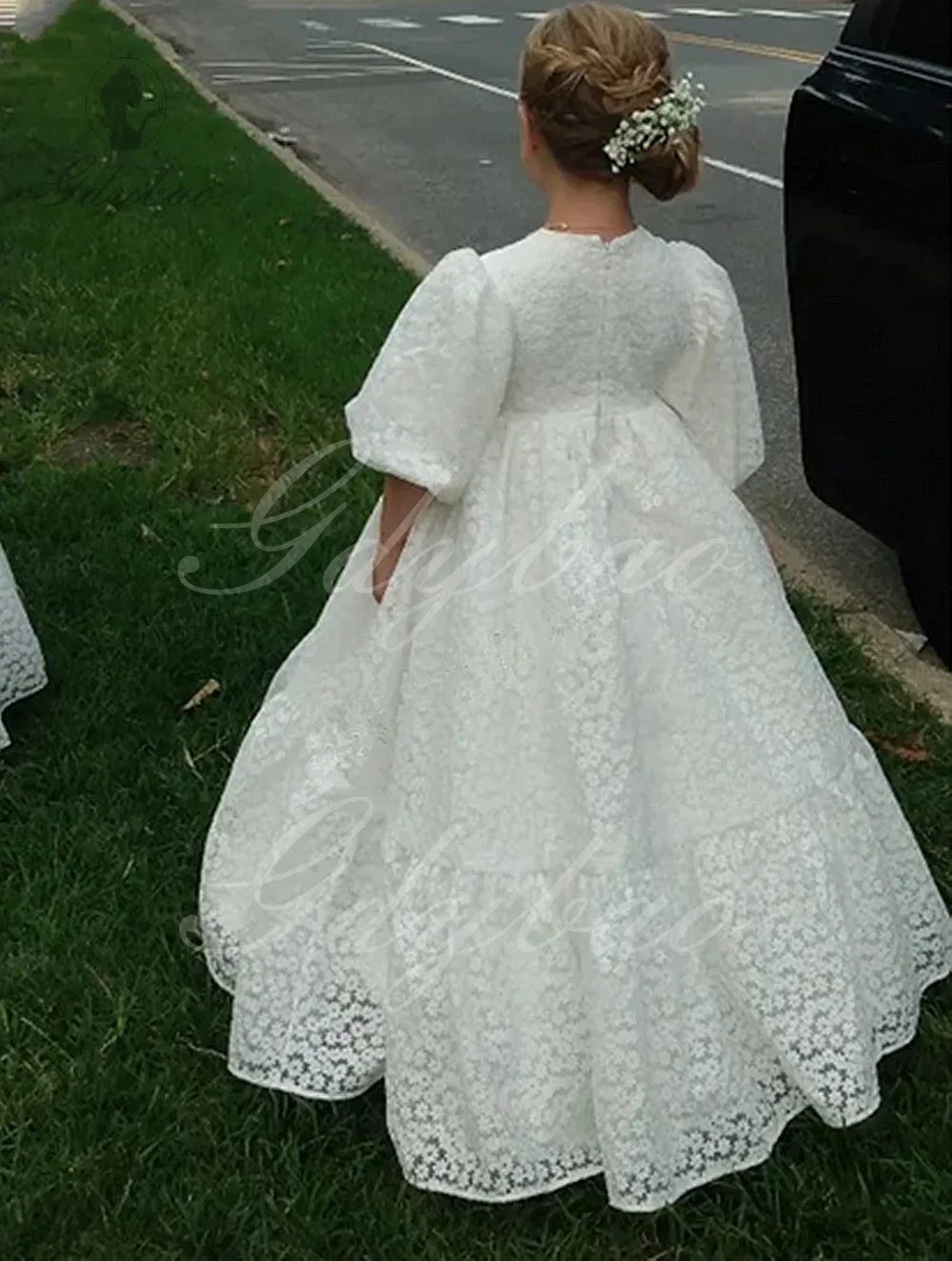 Princess Girl Dresses mbroidery Hollow Out Lace Flower Girl Dresses for Wedding Puffy Balloon Sleeve  High Waisted Toddler Gowns