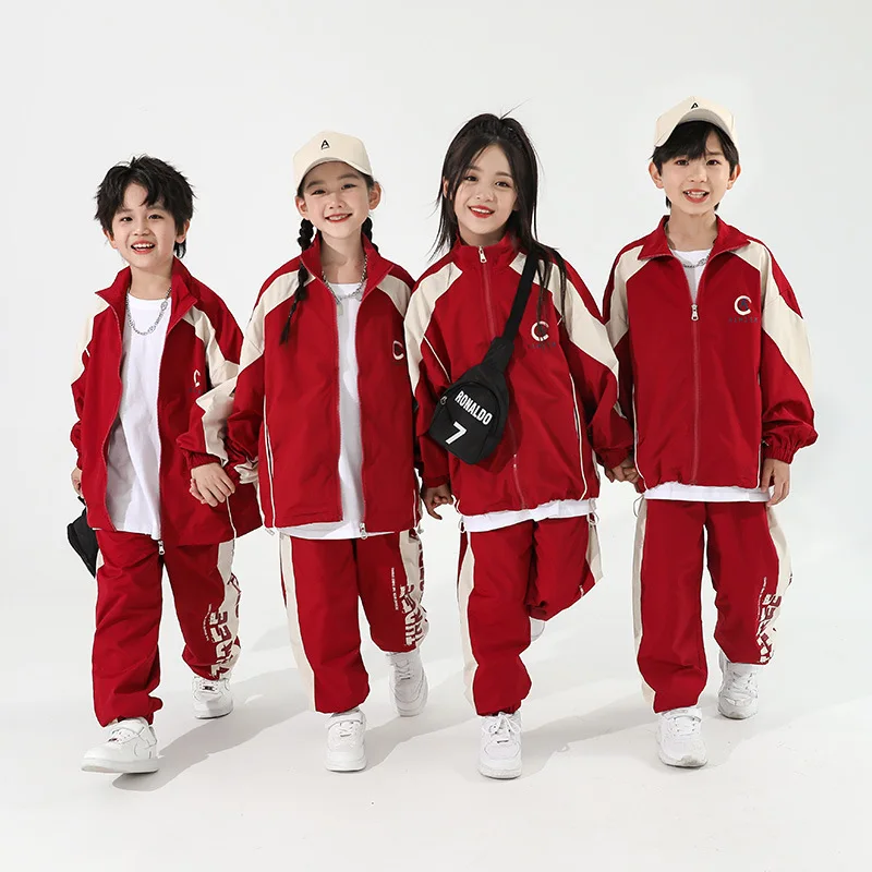 

Kid Hip Hop Clothing Zip up Red Beige Color Block Windbreaker Jacket Casual Jogger Pants for Girl Boy Dance Costumes Clothes Set