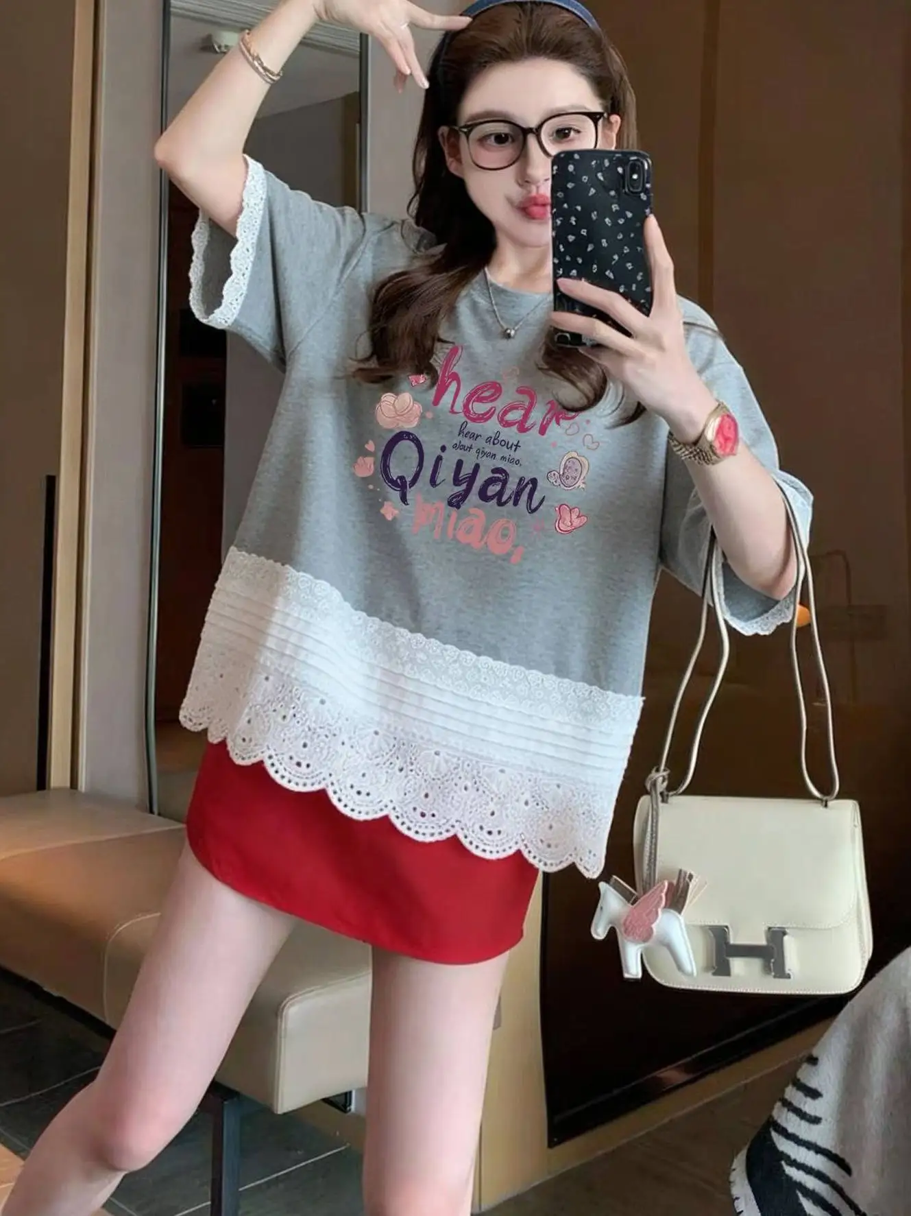 Sweet Lace Trim round Neck Short Sleeve T-Shirt Extra Large Size Women's Summer Top Breathable Polyester Youth Fashion