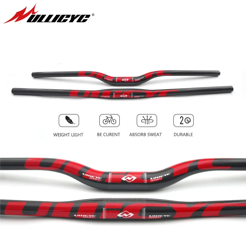 Ullicyc Full Carbon MTB Handlebar 3K Gloss Red 580-740mm Flat/Rise Bicycle Bar, Lightweight Update for MTB & Electric Scooter