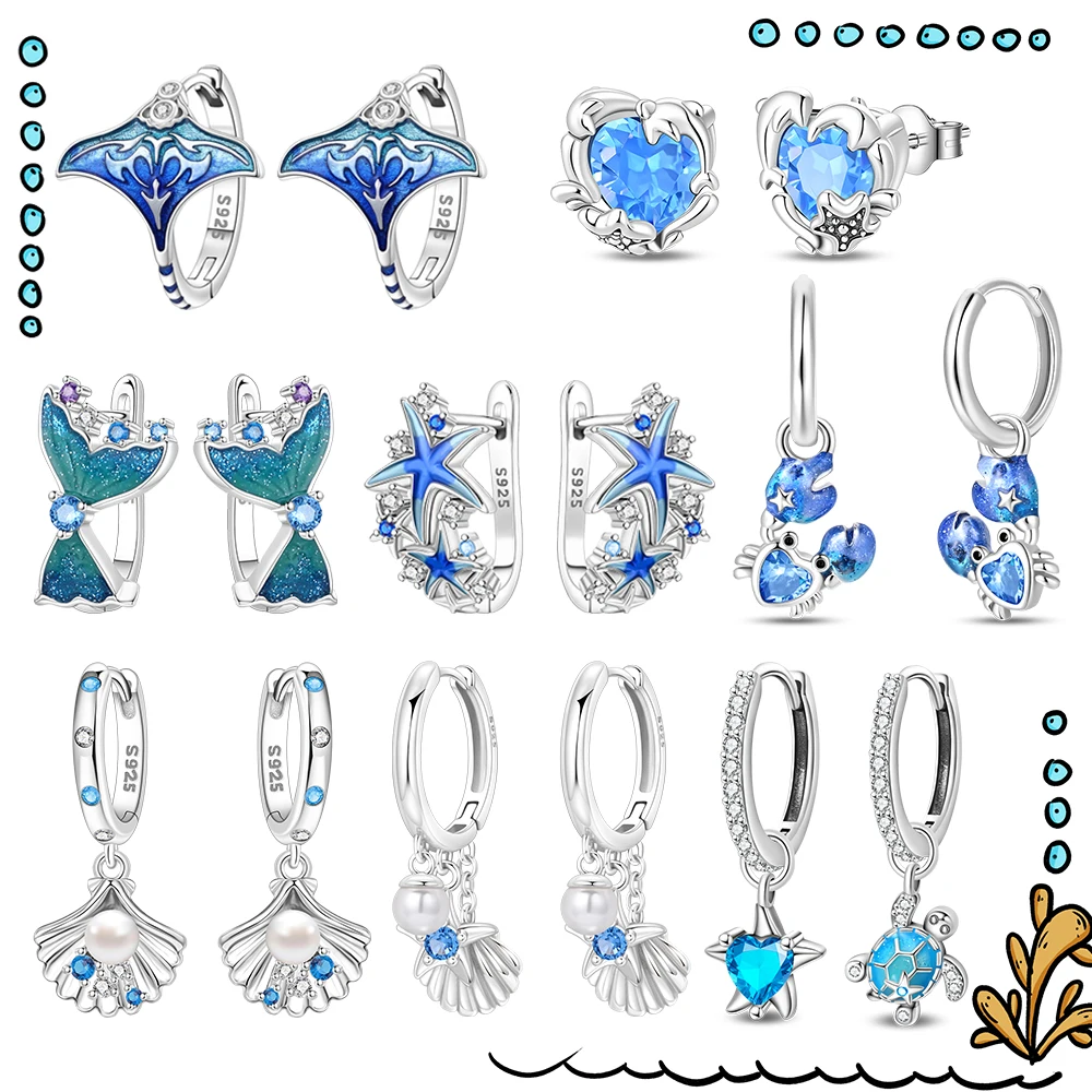 Ocean Series 925 Sterling Silver Ocean Wave Fish Tail Starfish Seashell Turtle Crab Dolphin Conch Earrings Unique Jewelry Gifts