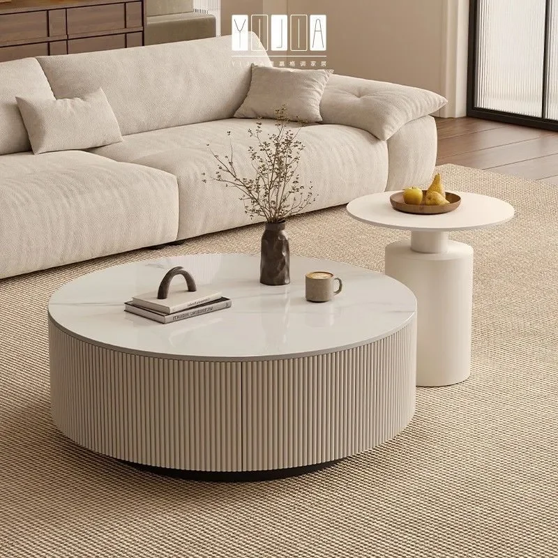 Modern Cream‑Style Round Coffee Table Rock‑Slab Tabletop Light‑Luxury Simple Furniture for Small Apartment Living Room Home Deco